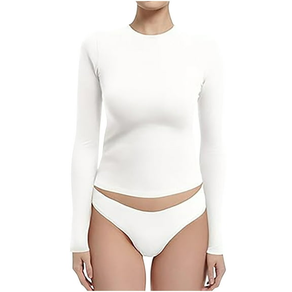Women's Plus Size Base Layer Shirt Solid Casual Long Sleeve Tops Tight Slim Crewneck Basic T Shirts