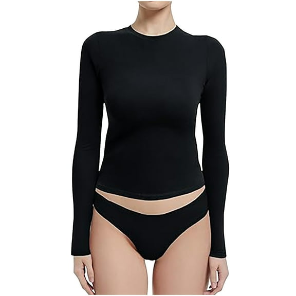 Women's Plus Size Base Layer Shirt Solid Casual Long Sleeve Tops Tight Slim Crewneck Basic T Shirts