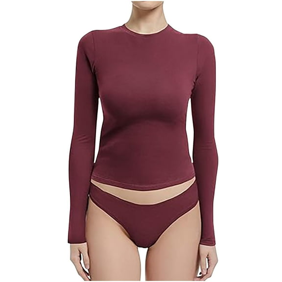 Women's Plus Size Base Layer Shirt Solid Casual Long Sleeve Tops Tight Slim Crewneck Basic T Shirts