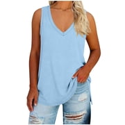 Women's Plus Size Basic Tank Top Summer Flowy V-Neck Sleeveless Tee Tanks Loose Fit Casual Beach Vacation Clothes Light Blue