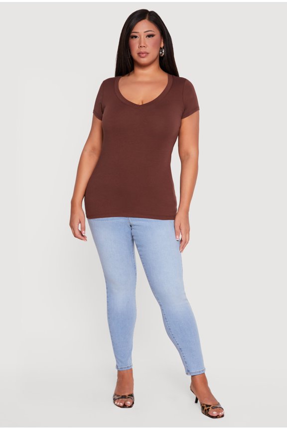 Women's Plus Size Basic V Neck Short Sleeve Top