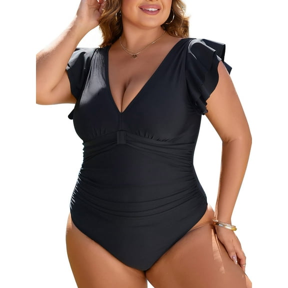 Women's Plus Size Bathing Suit One Piece Tummy Control Swimsuit Full Coverage Retro Ruffle Swimwear