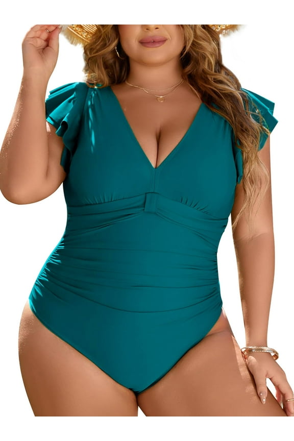 Women's Plus Size Bathing Suit One Piece Tummy Control Swimsuit Full Coverage Retro Ruffle Swimwear