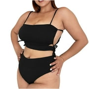 NARHBRG Women's Plus Size Bathing Suts Ribbed Two Piece Bikini Bandeau High Waisted Lace Up Swimsuit Swimwear