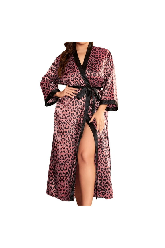 Women's Plus Size Bathrobe Long Sleeve Leopard Printed Lightweight Thin Sleepwear Soft Loungewear Long Robes (XXL, Pink)