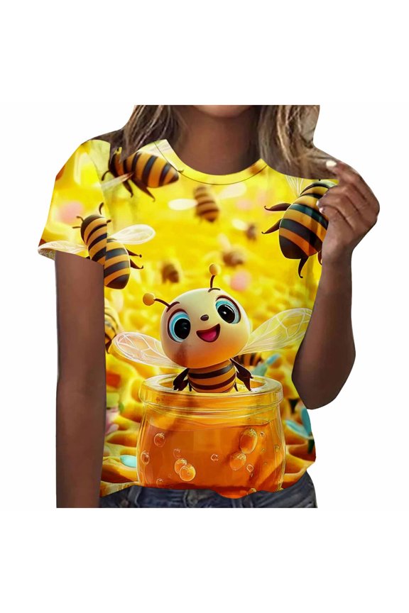Women's Plus Size Bee Print Festival T-Shirt Casual Crew Neck Short Sleeve Cute Tee