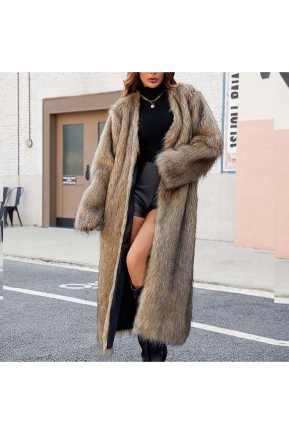 Women's Plus Size Brown Faux Fur Coat - Hooded Long Sleeve Patchwork Winter Jacket for Warmth and Style