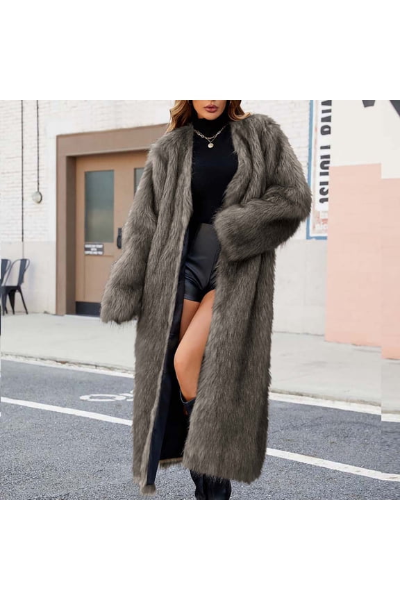 Women's Plus Size Beige Faux Fur Coat V-Neck Long Sleeve Warm Long Coat for Winter