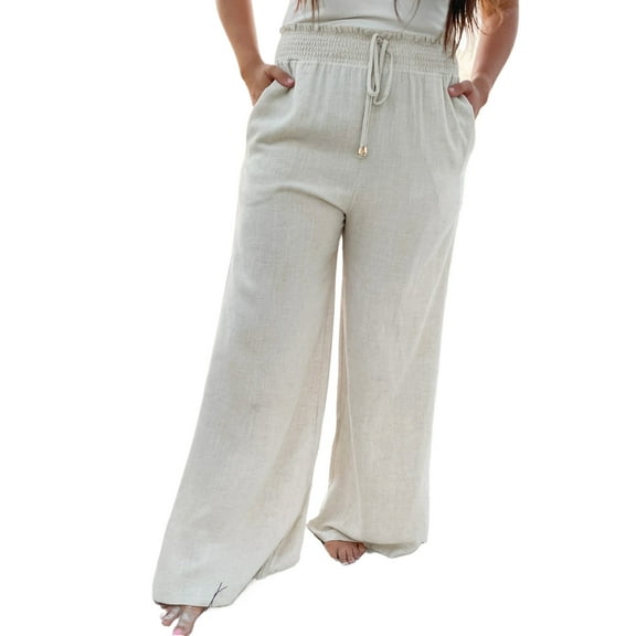 Women's Plus Size Beige Smocked High Waist Wide Leg Pants - Casual & Comfy | [ZhiHiMeRi] | (US 14W-16W)1X