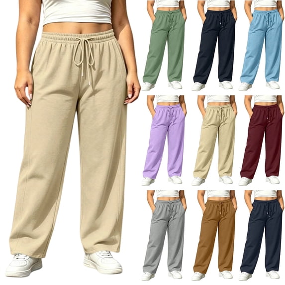 Women's Plus Size Beige Wide Leg Sweatpants, High Waist Drawstring Casual Athletic Long Pants with Deep Side Pockets, Loose Fit Lounge Workout Jogger Trousers Sizes L-4XL