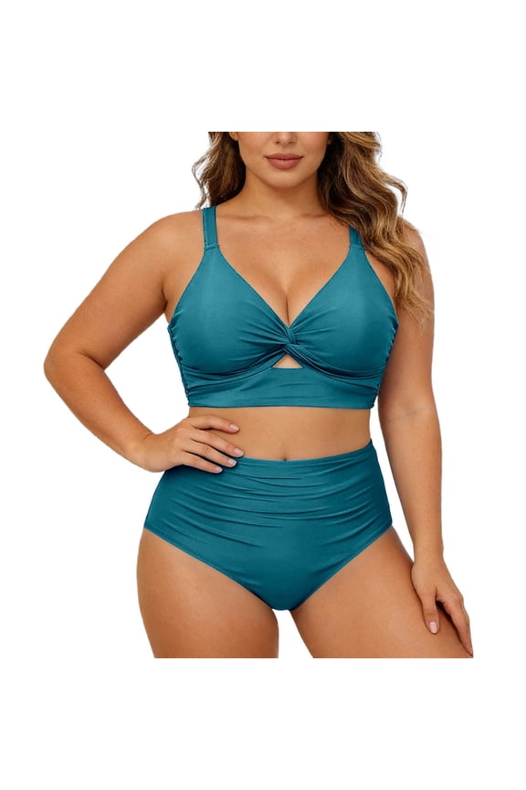 Women's Plus Size Bikini Set Large Size V Neck High Waist Tummy Control Knot,Two Piece Swimwear WithBottoms And Supportive Underwire Top