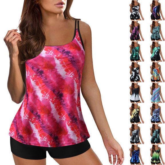 Women's Plus Size Bikini Set Printed Two Piece Tankini Flat Leg Sexy with Removable Bra Pads No Underwire for Beach Vacation,Multicolor,M