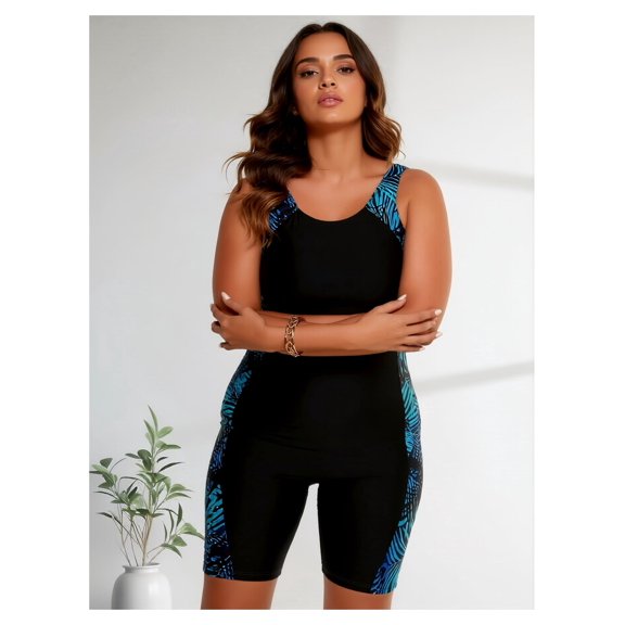 Women's Plus Size Black Blue Tropical Print Tummy Control Tankini Two-Piece Beach Vacation Swimsuit