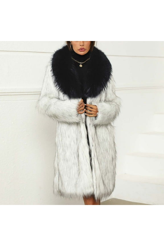 Women's Plus Size Black Faux Fur Coat Solid Neck Long Sleeve Warm Jacket for Winter