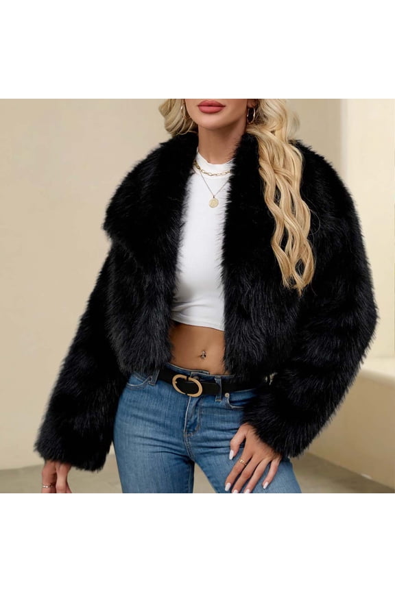 Women's Plus Size Black Faux Fur Coat Turn-Down Collar Long Sleeve Warm Long Coat