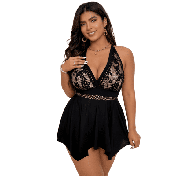 Women's Plus Size Black Lace Halter Swim Dress, 2-Piece Tummy Control Swimsuit with Mesh Waist, Sizes 1XL-4XL