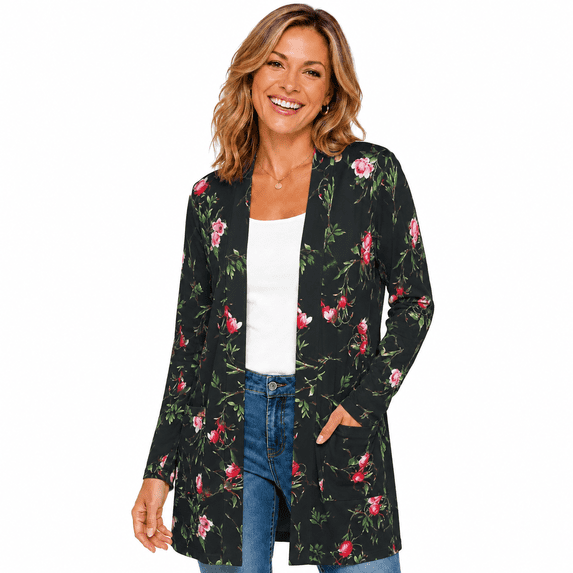 Women's Plus Size Black Rose Cardigan, Long Sleeve Open Front Tunic with Pockets