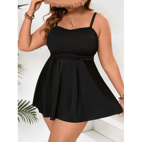 Women's Plus Size Black Smocked Tankini Swim Dress, Adjustable Spaghetti Strap Ruffle Flowy Skirted Two Piece Bathing Suit, Tummy Control Modest Full Coverage Swimwear for Beach Pool Vacation