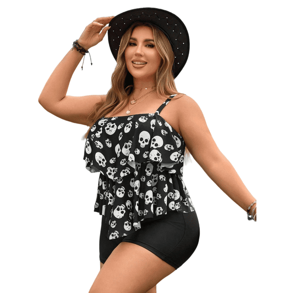 Women's Plus Size Black White Skull Print Tiered Ruffle Tankini Boyshort Swim Set, Spaghetti Strap Loose Flowy Tummy Control Layered Tank Top & Solid Black High Waist Full Coverage Modest Bathing Sui