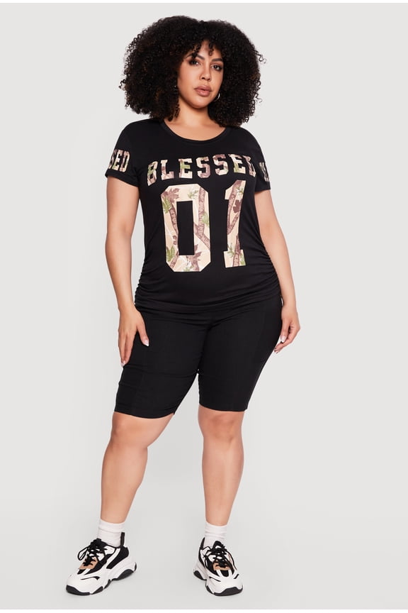 Women's Plus Size Blessed 01 Camo Graphic Print Side Ruched Tee