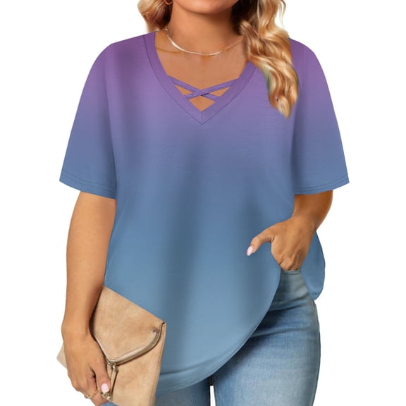 Women's Plus Size Blouse, Short Sleeve V-Neck Tops with Cross Front Tie, Summer Printed Casual Shirt, Soft Stretch Fabric