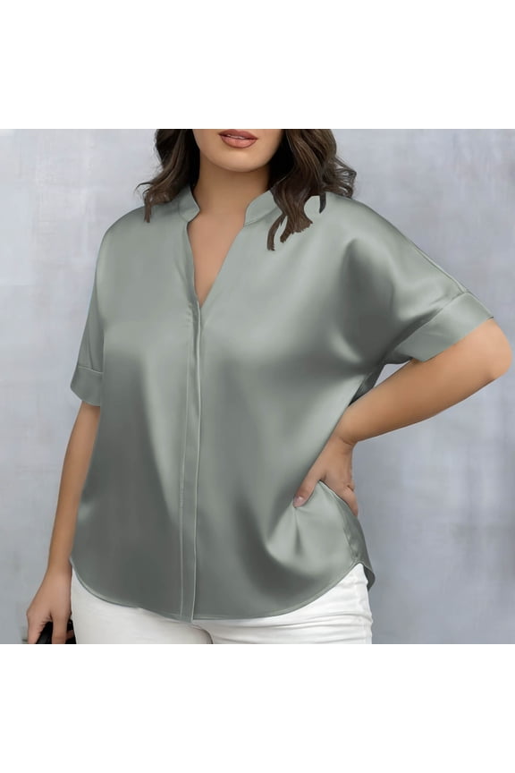 Women's Plus Size Blouse Summer Shirts Short Sleeve Dress Shirts Collared Work Office Top