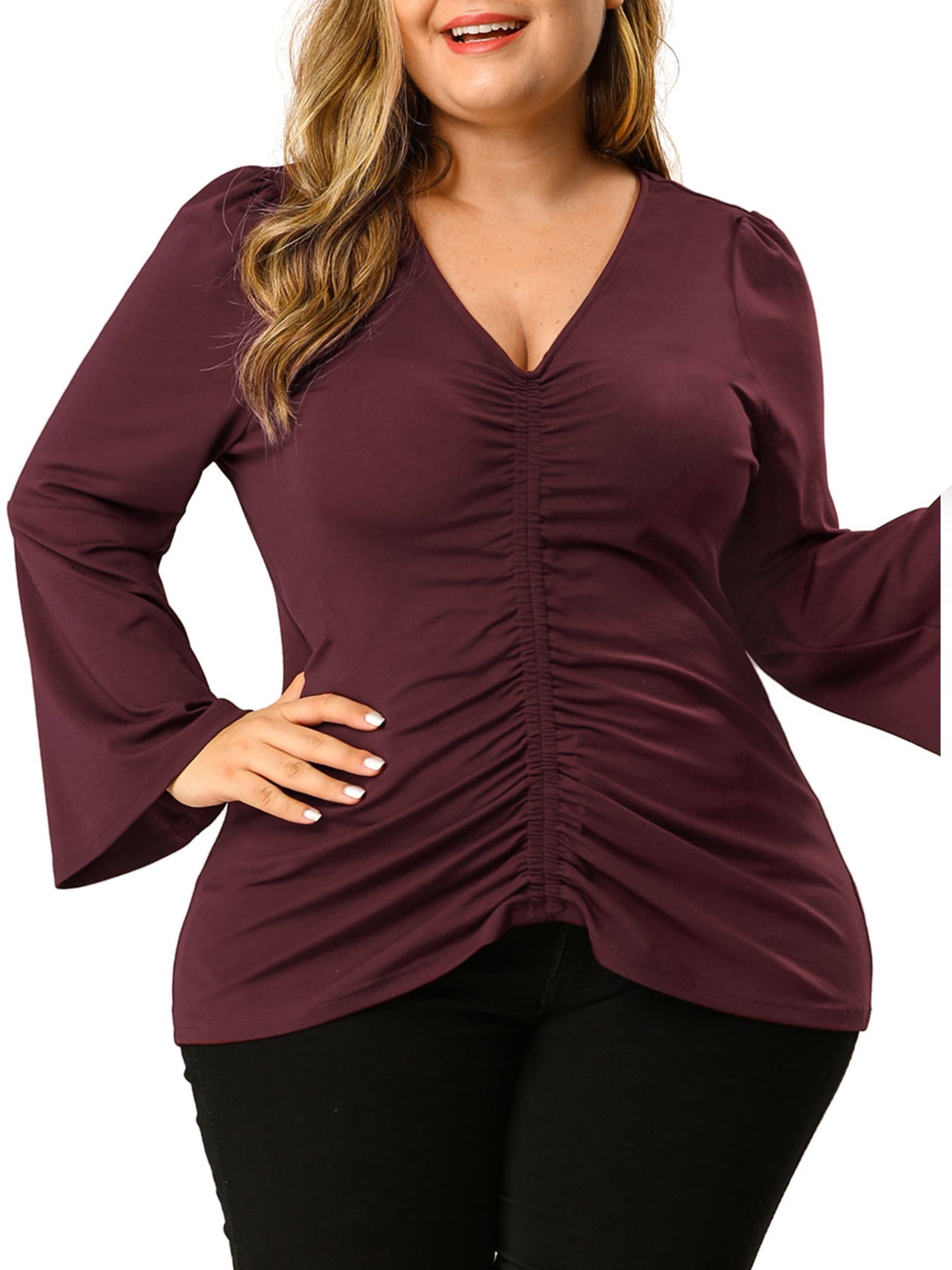 Womens Plus Size Blouse V Neck Long Sleeve Ruffle Stretch Ruched Top
