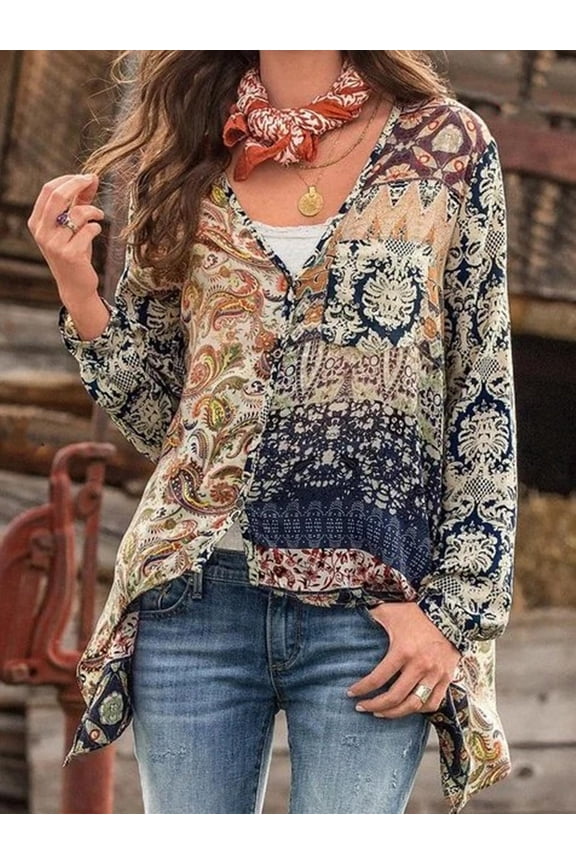 Women's Plus Size Blouses Bohemian Shirts V-neck Long Sleeve Print Blouse Sexy Loose Shirts Unregular Tops