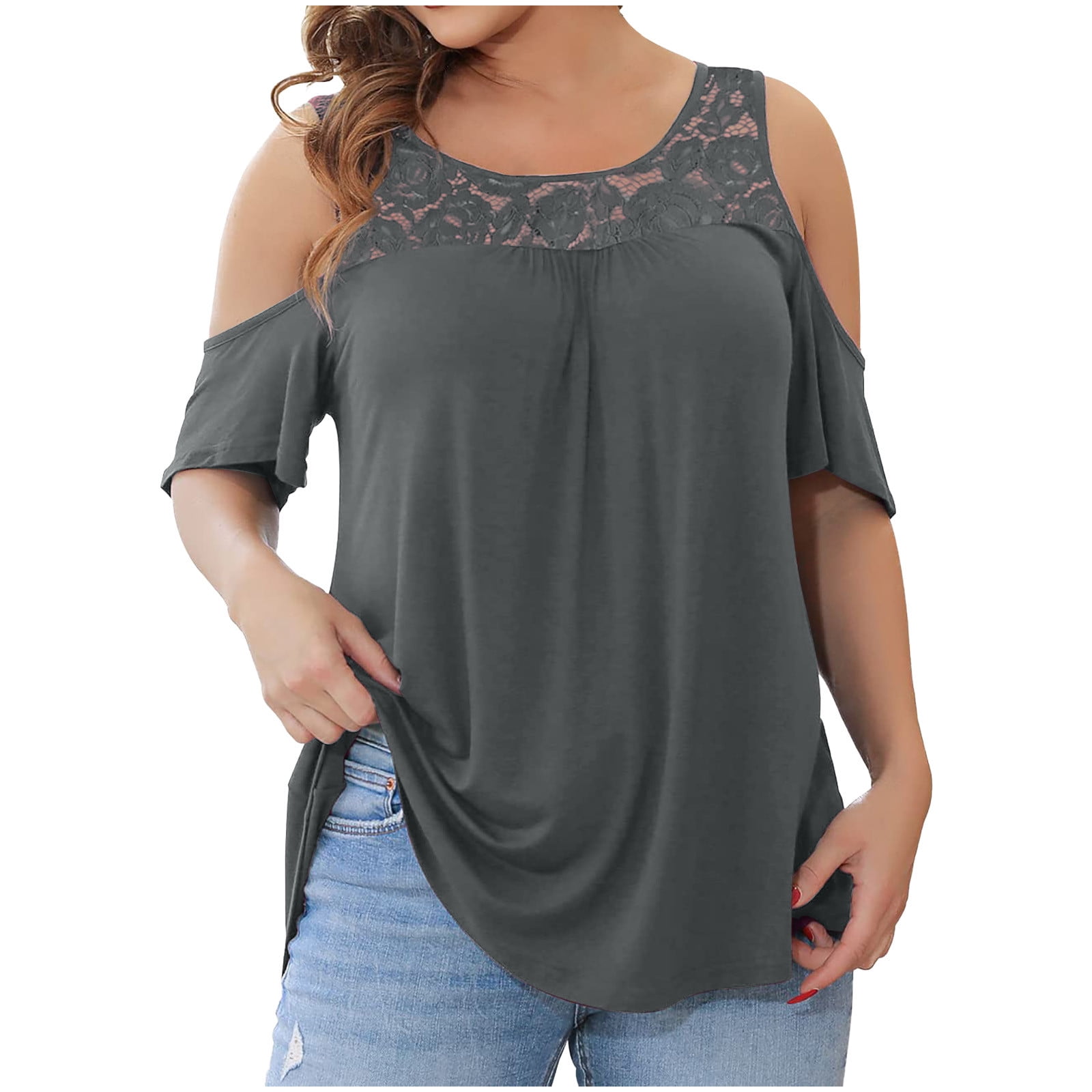 Womens Plus Size Tops V Neck Wrap Sexy Cut Out Cold Shoulder Short Sleeve  Shirts Casual Loose Tops Tunic Blouses