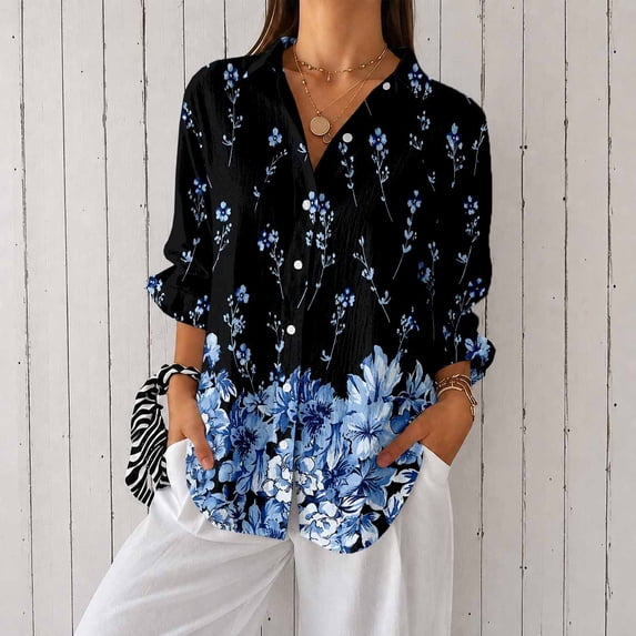 Women's Plus Size Blue Floral Border Print Button Down Shirt, Long Sleeve Collared Casual Blouse