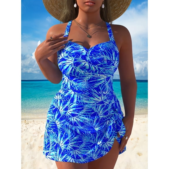 Women's Plus Size Blue Palm Print Halter Skirted One-Piece Swimsuit