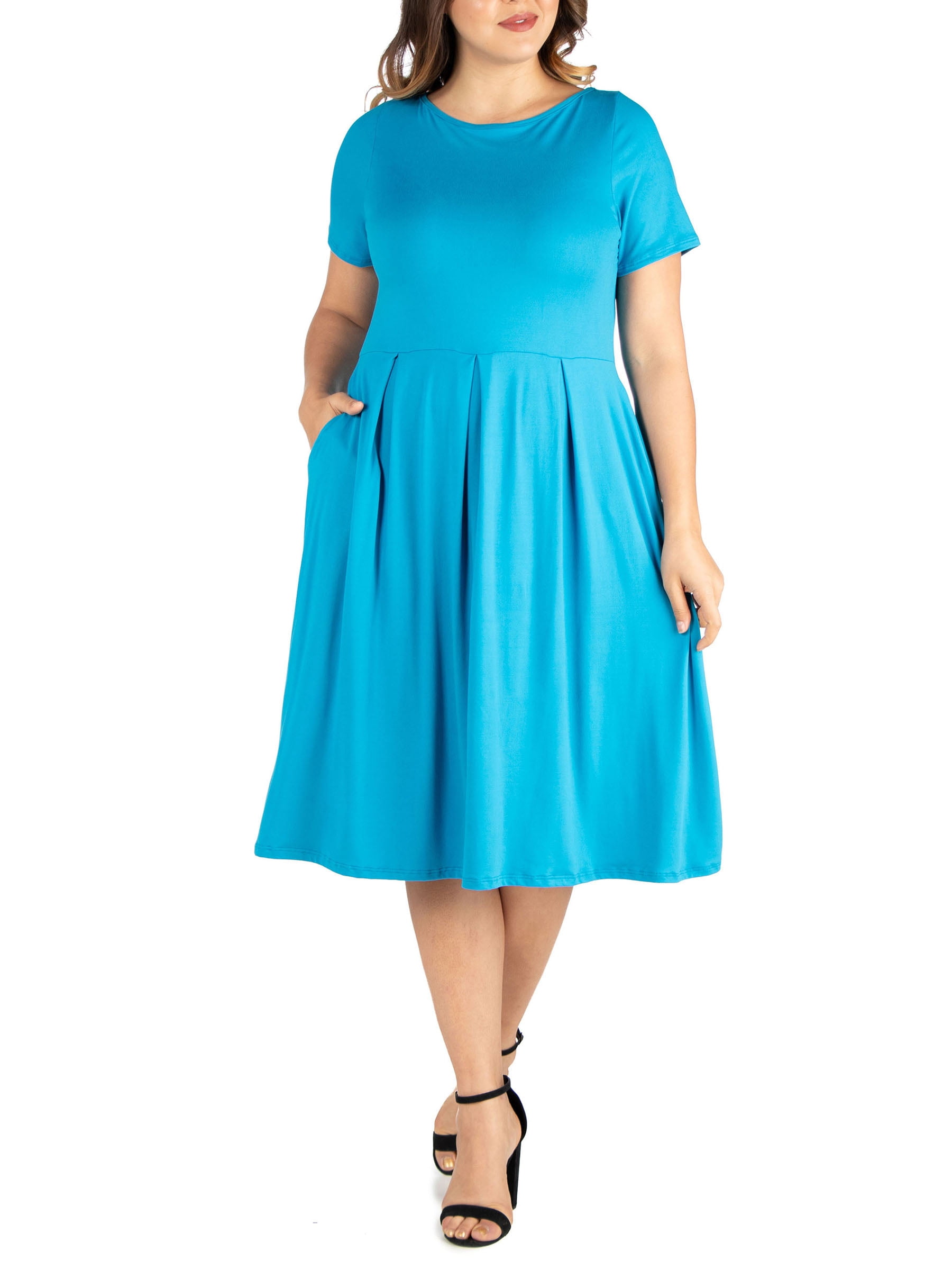 Women's Plus Size Blue Print Short Sleeve Midi Skater Dress With Pockets - Walmart.com Women's Plus Size Blue Print Short Sleeve Midi Skater Dress With Pockets - Walmart.com