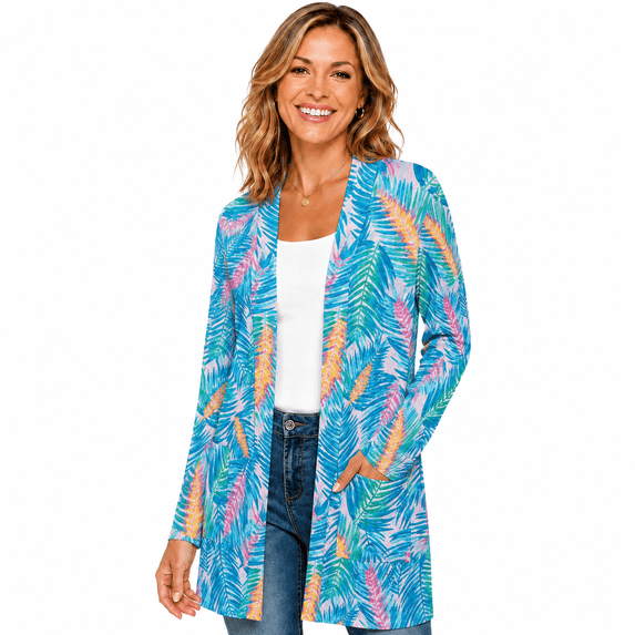 Women's Plus Size Blue Tropical Leaf Cardigan, Long Sleeve Open Front Tunic with Pockets