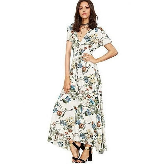 Women's Plus Size Bohemian Floral Printed Dress,Wrap V Neck Short Sleeve High Split Beach Party Maxi Dresses with Waist Strings