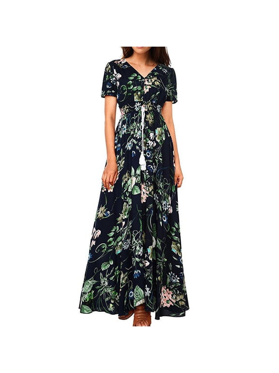 Women's Plus Size Bohemian Floral Printed Dress,Wrap V Neck Short Sleeve High Split Beach Party Maxi Dresses with Waist Strings