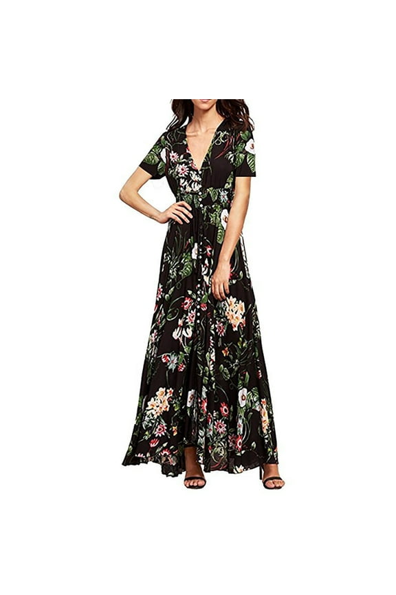 Women's Plus Size Bohemian Floral Printed Dress,Wrap V Neck Short Sleeve High Split Beach Party Maxi Dresses with Waist Strings
