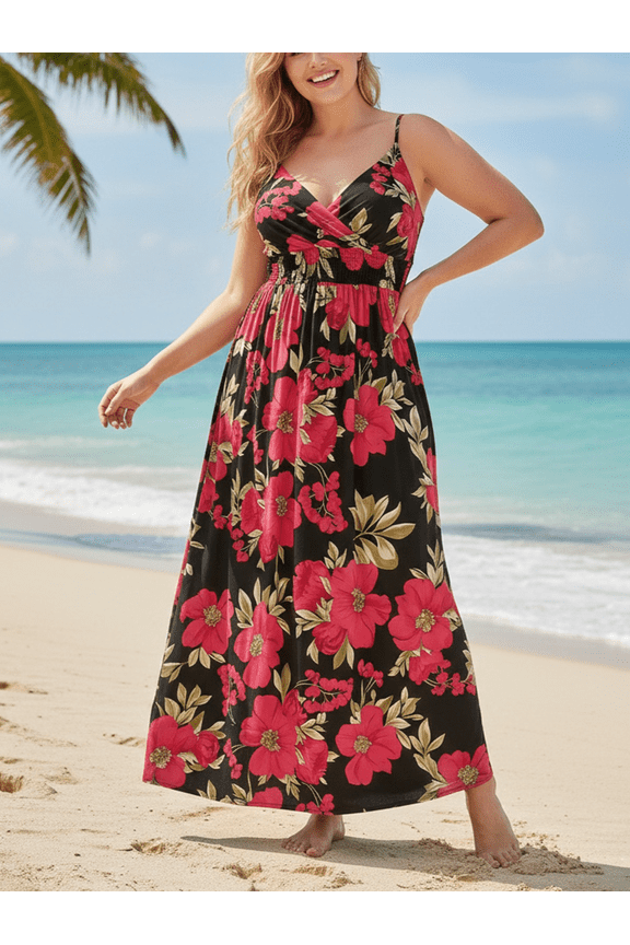 Women's Plus Size Bohemian Floral Spaghetti Strap Dress,Slimming Waist-Cinching Maxi Gown,Sexy Romantic Beach Vacation Outfit,Flowy Daily Wear