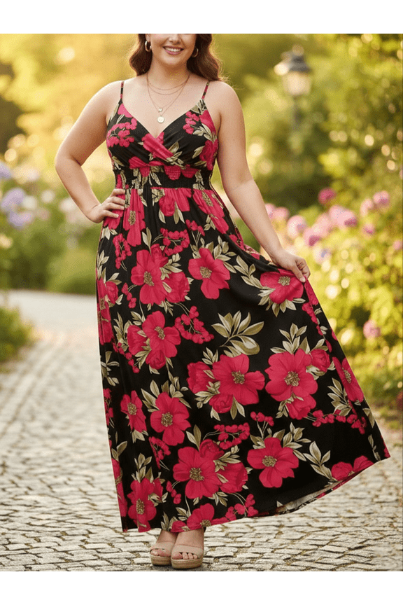 Women's Plus Size Bohemian Floral Spaghetti Strap Dress,Slimming Waist-Cinching Maxi Gown,Sexy Romantic Beach Vacation Outfit,Flowy Daily Wear