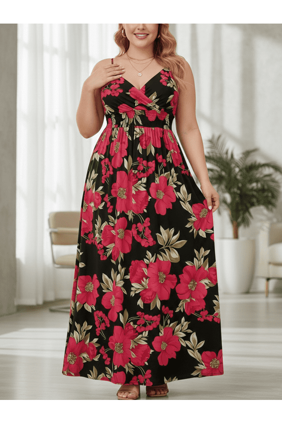 Women's Plus Size Bohemian Floral Spaghetti Strap Dress,Slimming Waist-Cinching Maxi Gown,Sexy Romantic Beach Vacation Outfit,Flowy Daily Wear