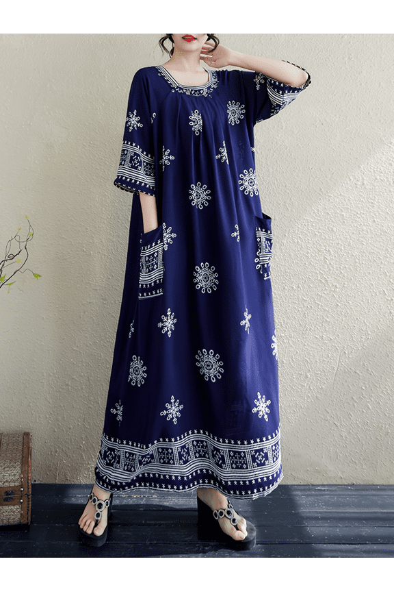 Women's Plus Size Bohemian Maxi Dress, Round Neck 3/4 Sleeve Loose Flowy Long Caftan Dress with Pockets, Vintage Ethnic Print Casual Beach Vacation House Dress