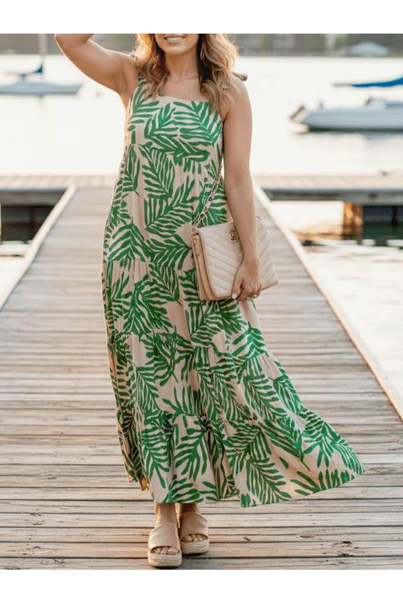 Women's Plus Size Bohemian Palm Leaf Print Maxi Dress,Strap Tiered Green Sundress,Summer Vacation Beach Outfit, Breathable Tropical Party Gown Women
