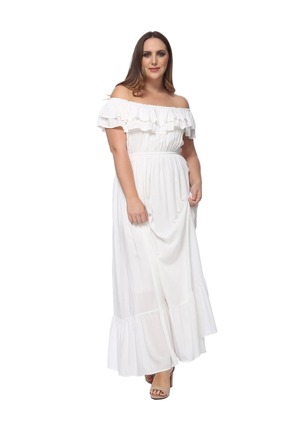 Women's Plus Size Bohemian Ruffle Off The Shoulder Stretchy Empire Waist Maxi Long Dress, White, XX-Large