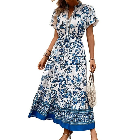 Women's Plus Size Boho Casual Dress Floral Short Sleeve Shirred Square Neck Maxi Dress-Blue