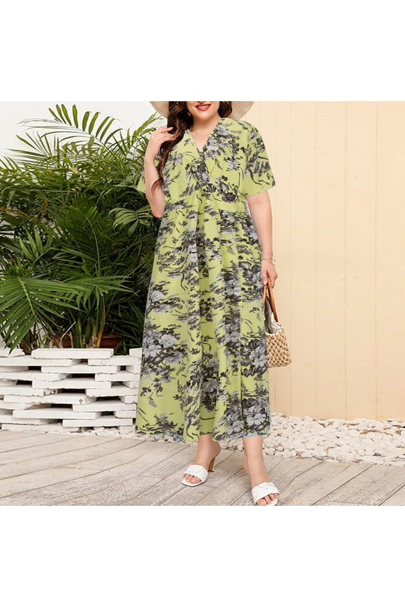 Women's Plus Size Boho Floral Maxi Dress Curvy Short Sleeve V-Neck Flower Long Dress for Curvy Women