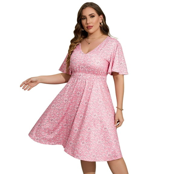 Women's Plus Size Boho Floral V Neck Ruffle Short Sleeve Dress Elastic High Waist A Line Dress