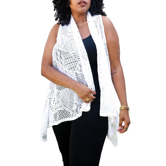 Women's Plus Size Boho Open Front Crochet Cover Up Sleeveless Shawl Cardigan Vest, White, X-Large/XX-Large