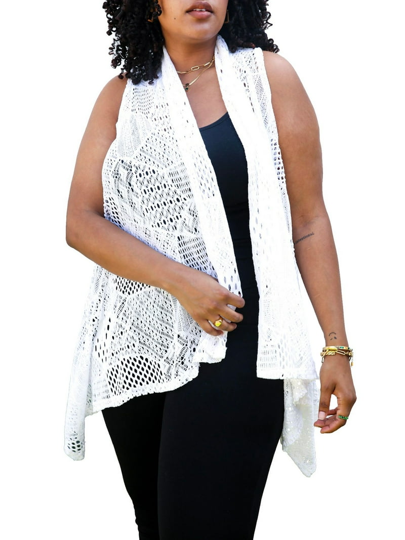 Women's Plus Size Boho Open Front Crochet Cover Up Sleeveless