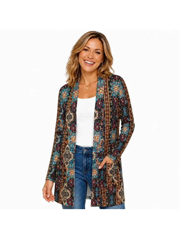 Women's Plus Size Boho Print Open Front Cardigan, Long Sleeve Tunic Top with Pockets
