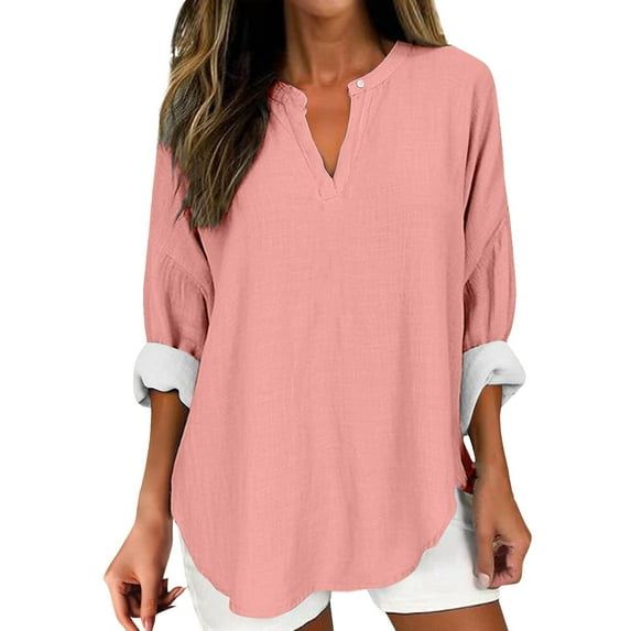 Women's Plus Size Boho Top - Long Sleeve Solid Blouse - Spring Trendy Loose Fit - V-Neck Casual Shirt | Baberdicy | Women Long Sleeve Solid Color Tops Spring Trendy Plus Size Boho (Pink | L)