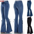 thumbnail image 1 of Women's Plus Size Bootcut Jeans with Bow Detail and Elastic Waist Comfortable Loose Fit Denim for Summer, 1 of 7